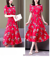 Vintage O-Neck Print Knee-Length Non Stretch Midi Dress
