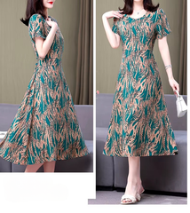 Vintage O-Neck Print Short Sleeve Slim Non Stretch Midi Dress