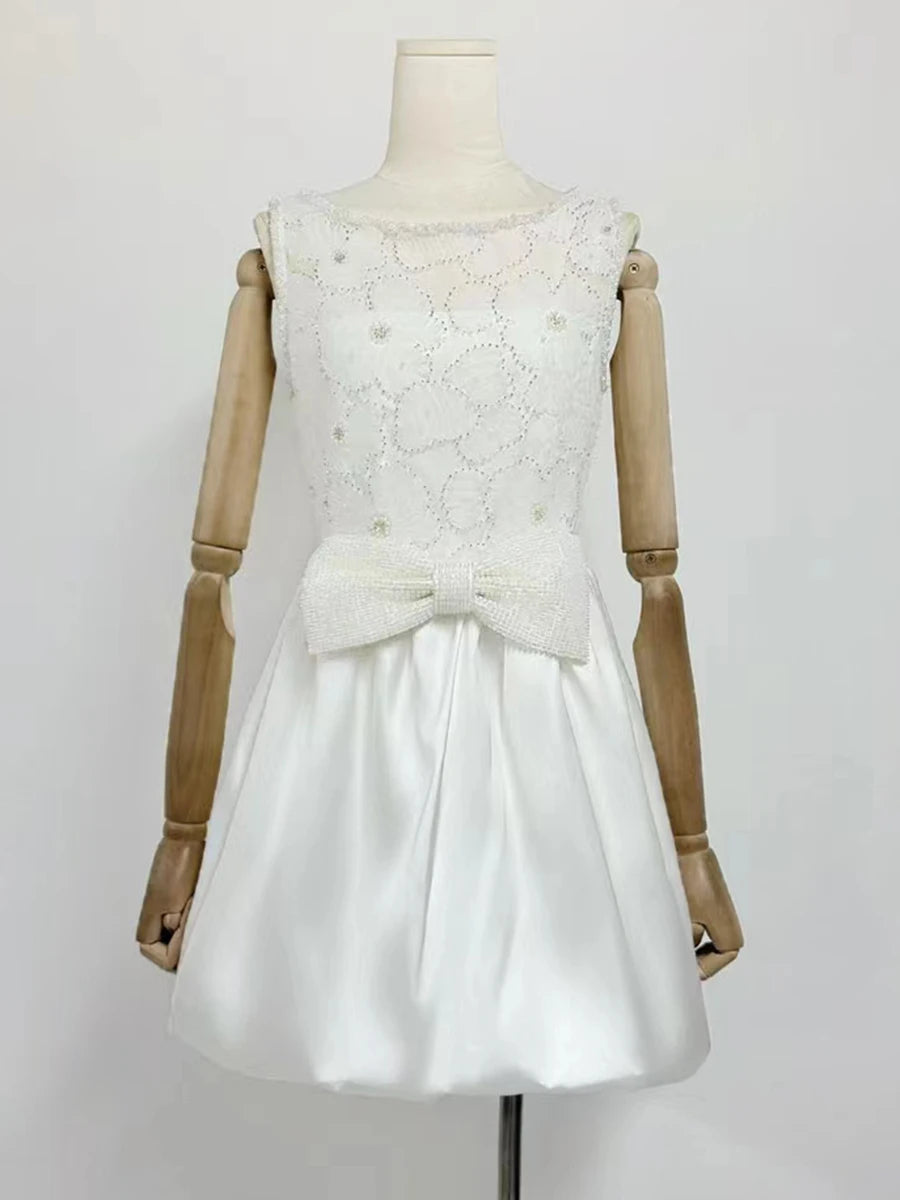 Vintage O Neck Sleeveless High Waist Temperament Mini Dress