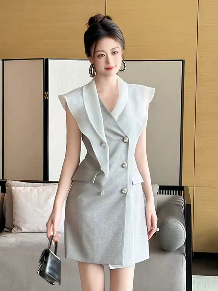 Vintage Office Style Double Breasted Asymmetrical Blazer Dress