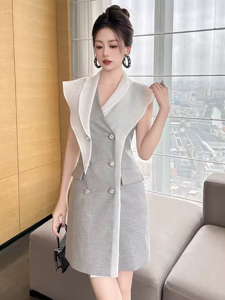 Vintage Office Style Double Breasted Asymmetrical Blazer Dress