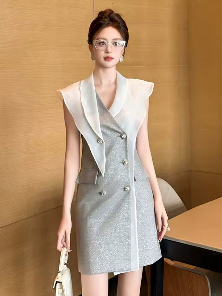 Vintage Office Style Double Breasted Asymmetrical Blazer Dress