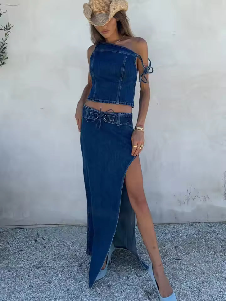 Vintage One Shoulder Lace Up Tops A-lined Denim Shirt Slim Skirt Set