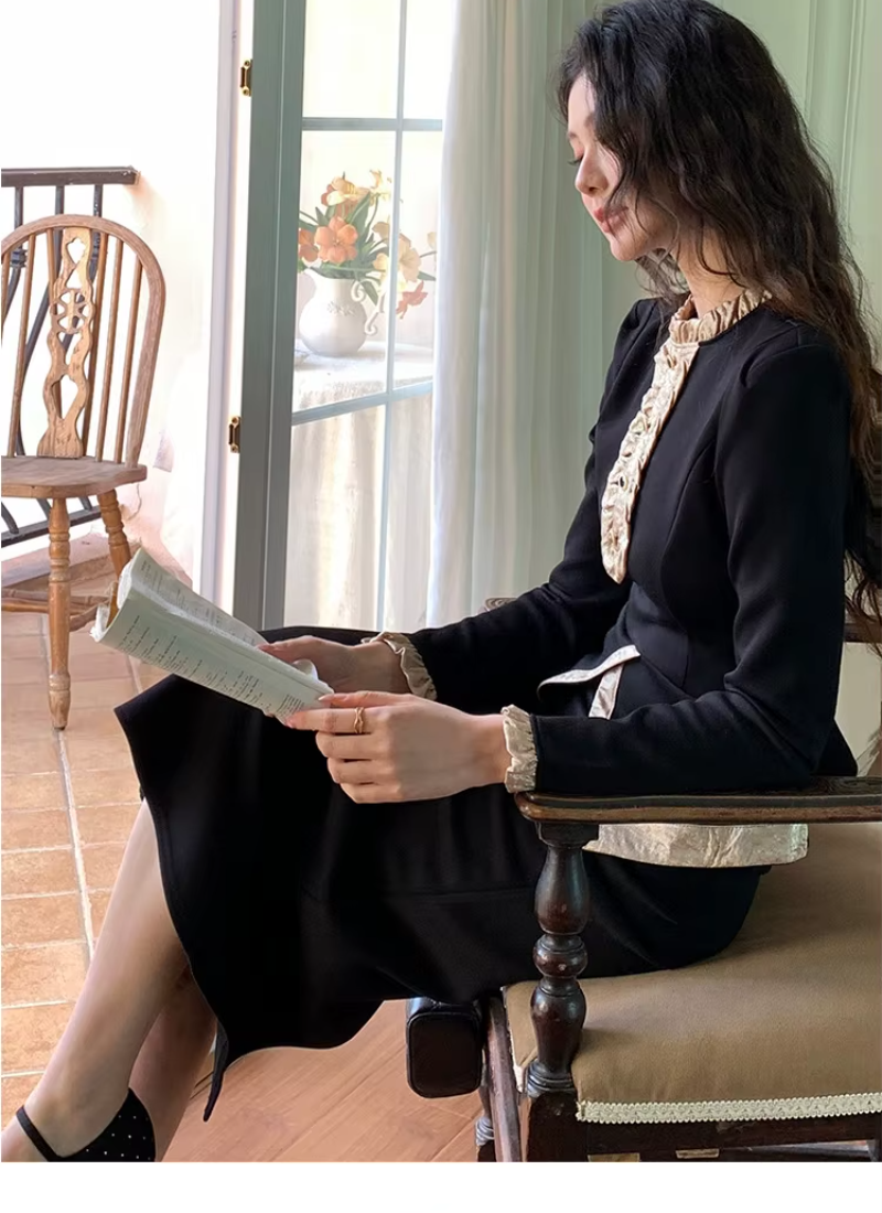 Vintage Outfits Elegant Ruffle O-Neck Tops Shirt And High Waist Midi Skirt 2 Pieces Set