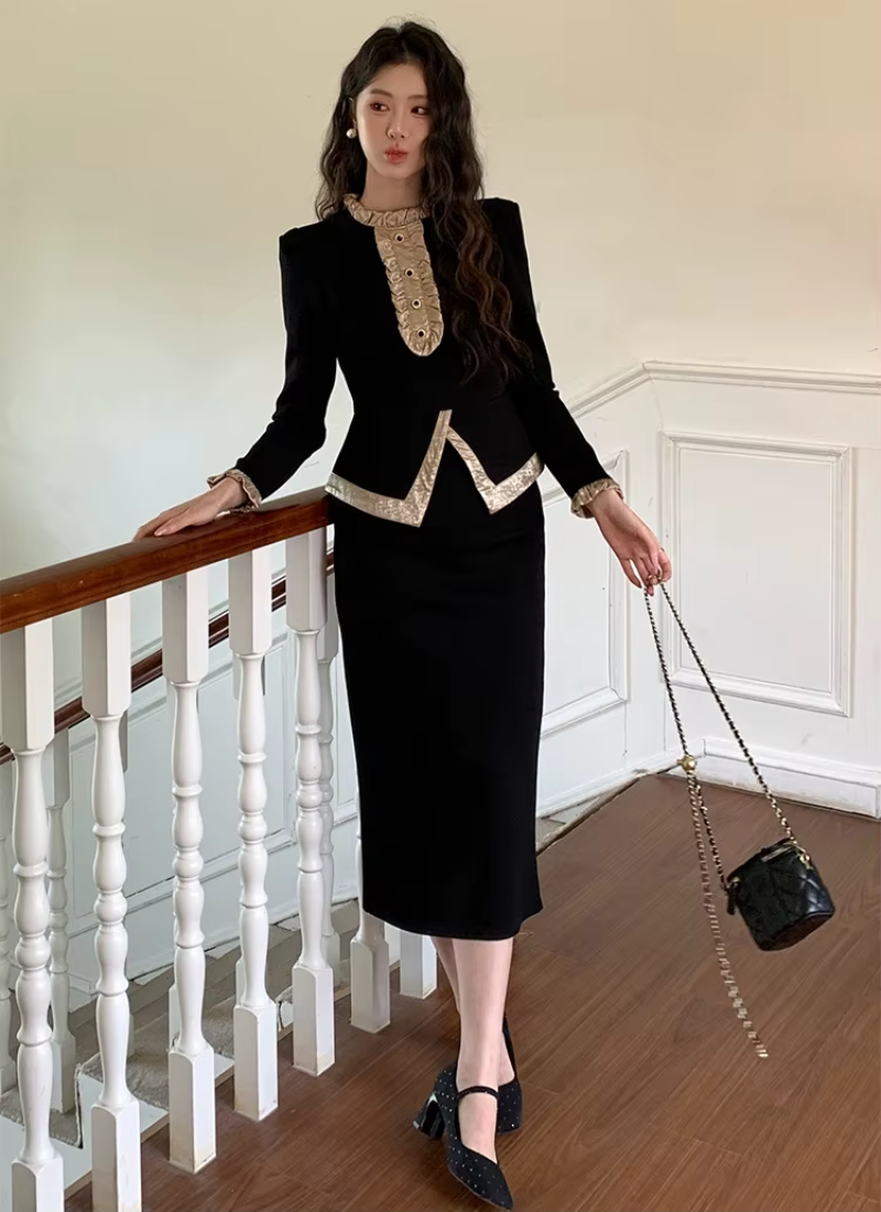 Vintage Outfits Elegant Ruffle O-Neck Tops Shirt And High Waist Midi Skirt 2 Pieces Set