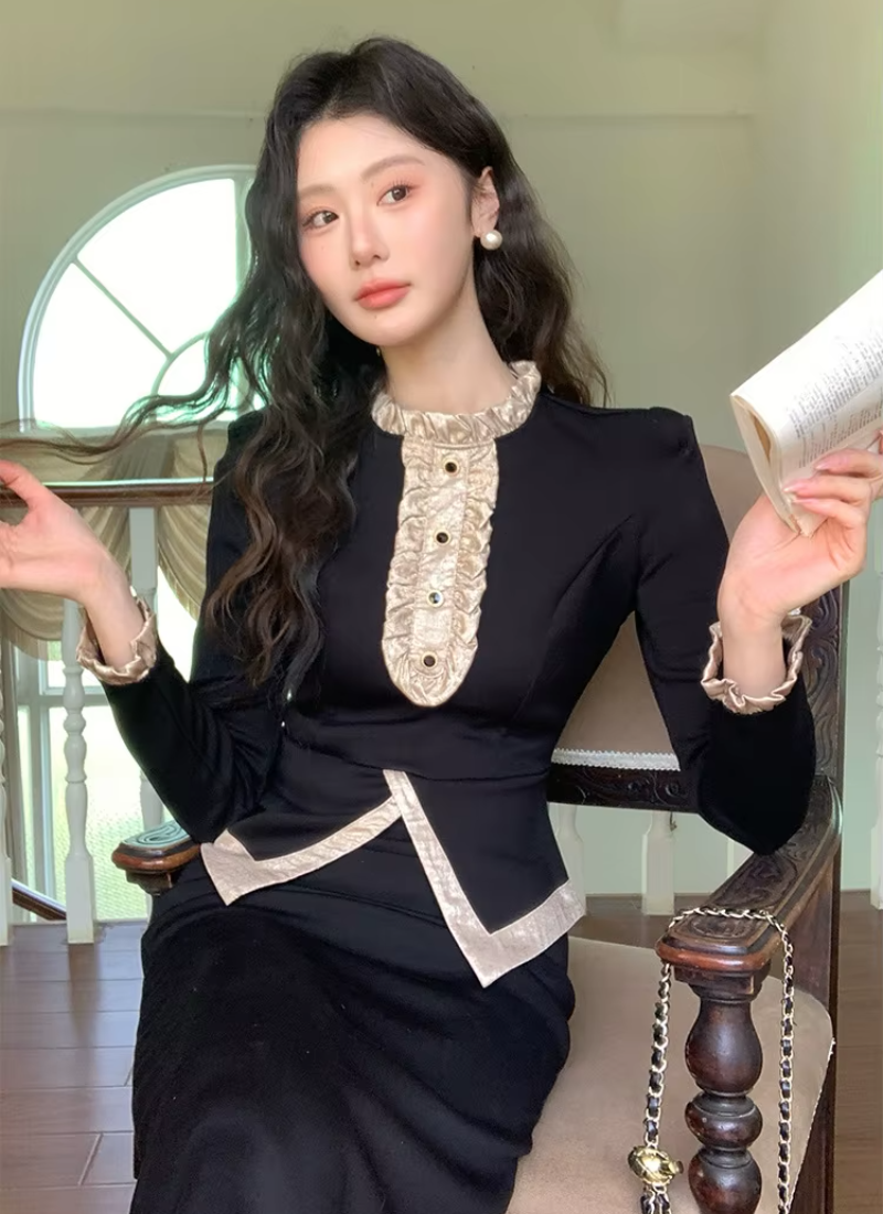 Vintage Outfits Elegant Ruffle O-Neck Tops Shirt And High Waist Midi Skirt 2 Pieces Set
