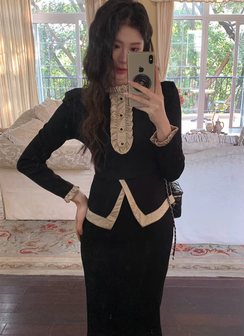 Vintage Outfits Elegant Ruffle O-Neck Tops Shirt And High Waist Midi Skirt 2 Pieces Set
