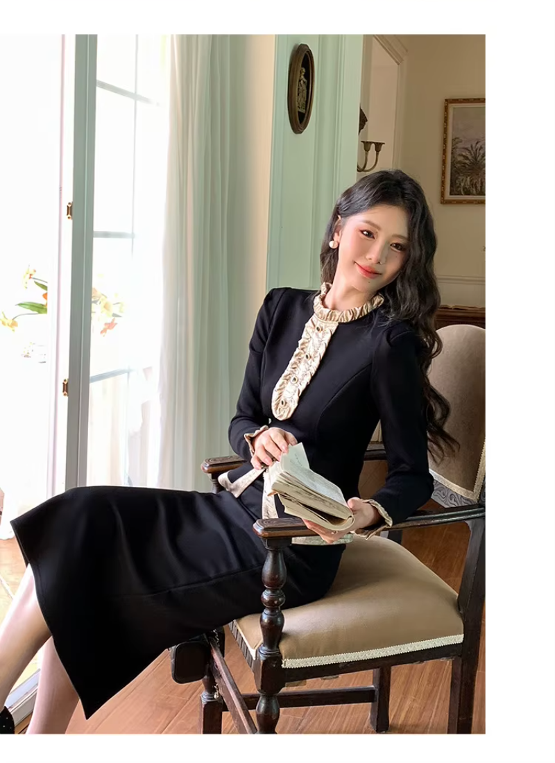 Vintage Outfits Elegant Ruffle O-Neck Tops Shirt And High Waist Midi Skirt 2 Pieces Set