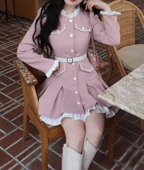 Vintage Patchwork Pleated Belt Bodycon Mini Dress