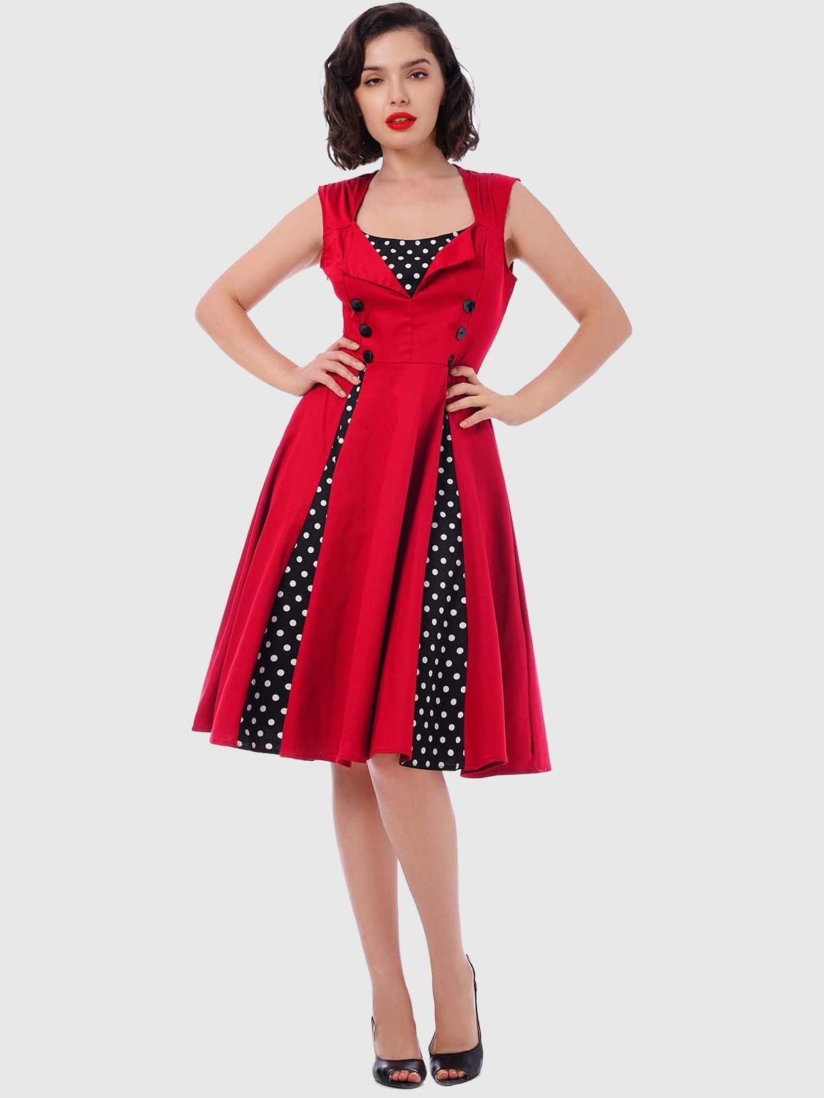 Vintage Polka Dot Square Neck Sleeveless Glamour Dress