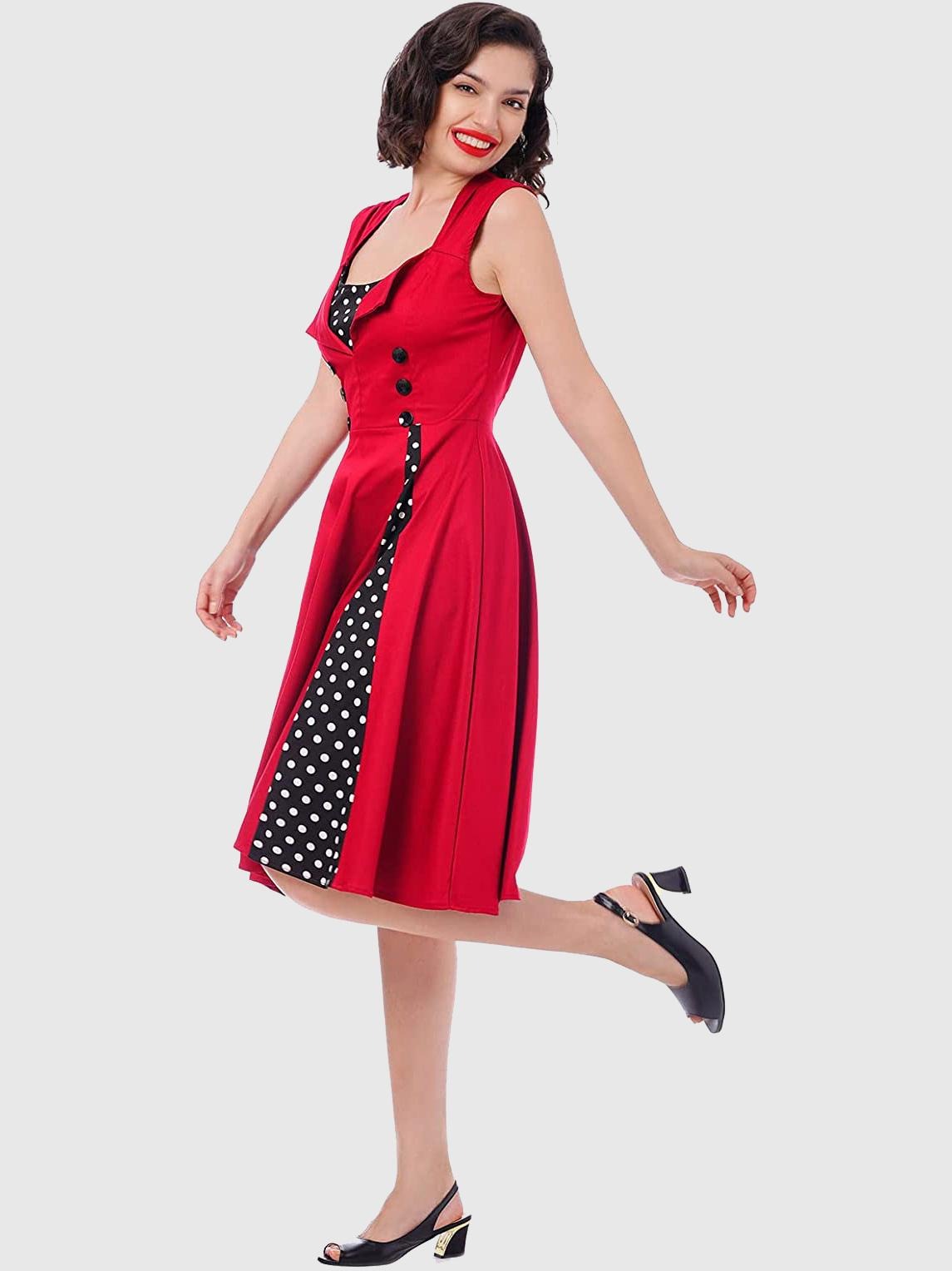 Vintage Polka Dot Square Neck Sleeveless Glamour Dress