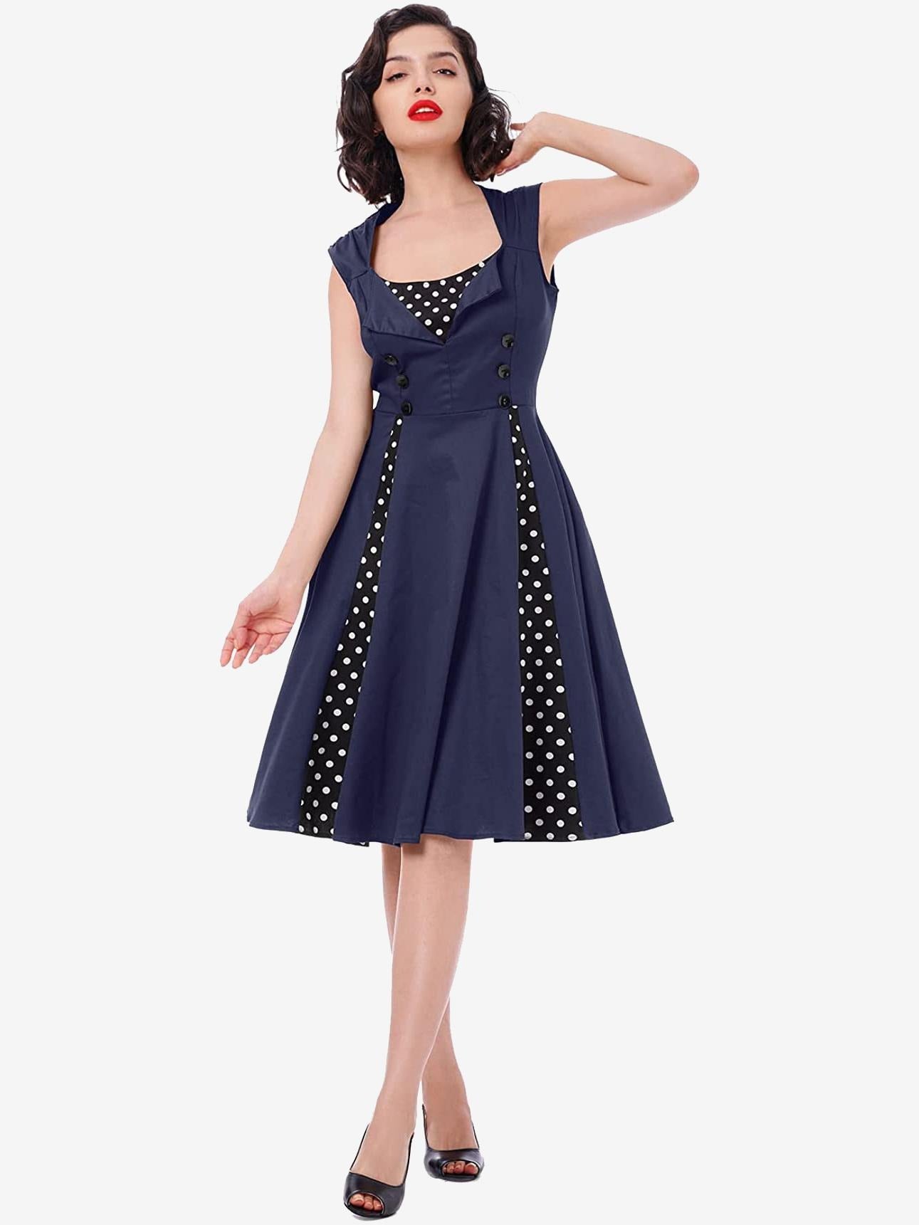 Vintage Polka Dot Square Neck Sleeveless Glamour Dress