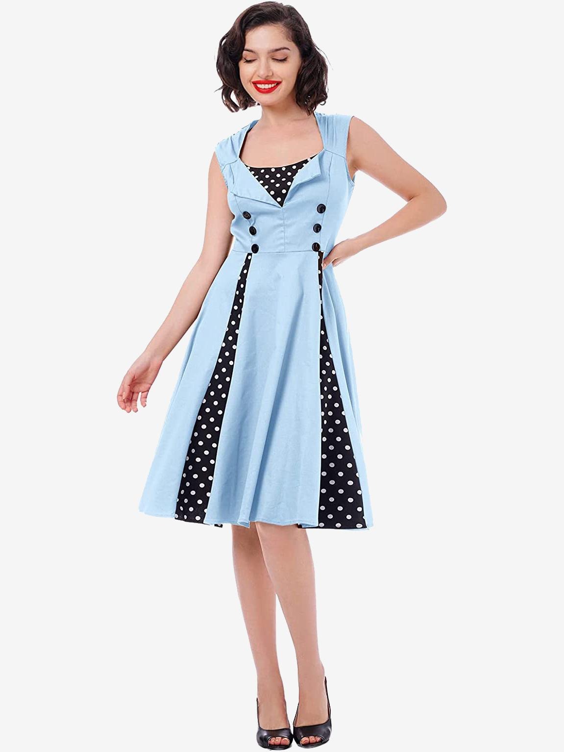 Vintage Polka Dot Square Neck Sleeveless Glamour Dress