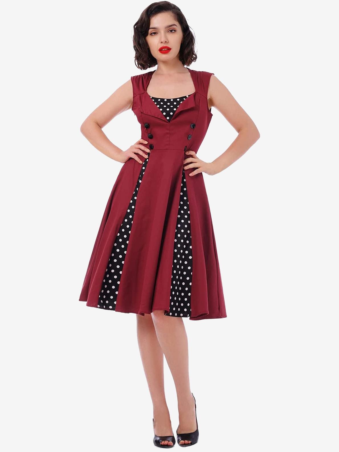 Vintage Polka Dot Square Neck Sleeveless Glamour Dress