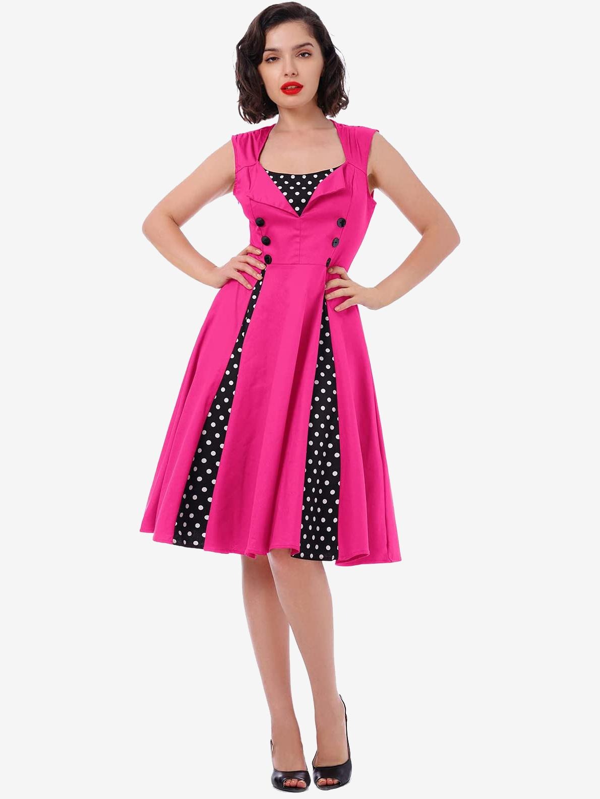 Vintage Polka Dot Square Neck Sleeveless Glamour Dress