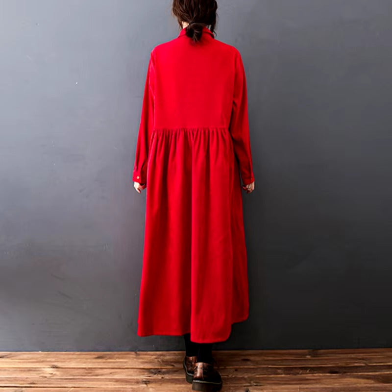 Vintage Polo Neck Buttons A-line Ankle-length Long Shirt Dress