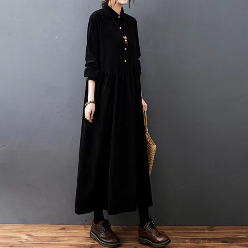 Vintage Polo Neck Buttons A-line Ankle-length Long Shirt Dress