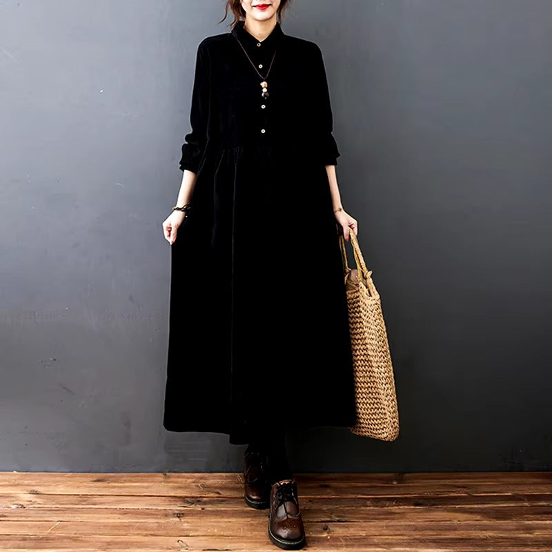 Vintage Polo Neck Buttons A-line Ankle-length Long Shirt Dress