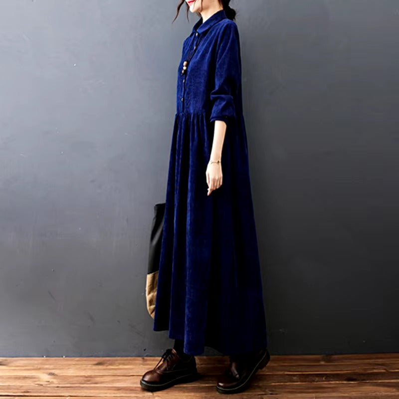Vintage Polo Neck Buttons A-line Ankle-length Long Shirt Dress