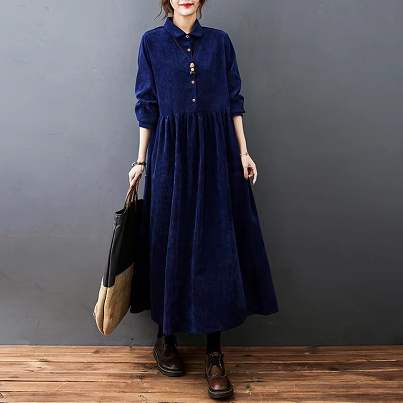 Vintage Polo Neck Buttons A-line Ankle-length Long Shirt Dress