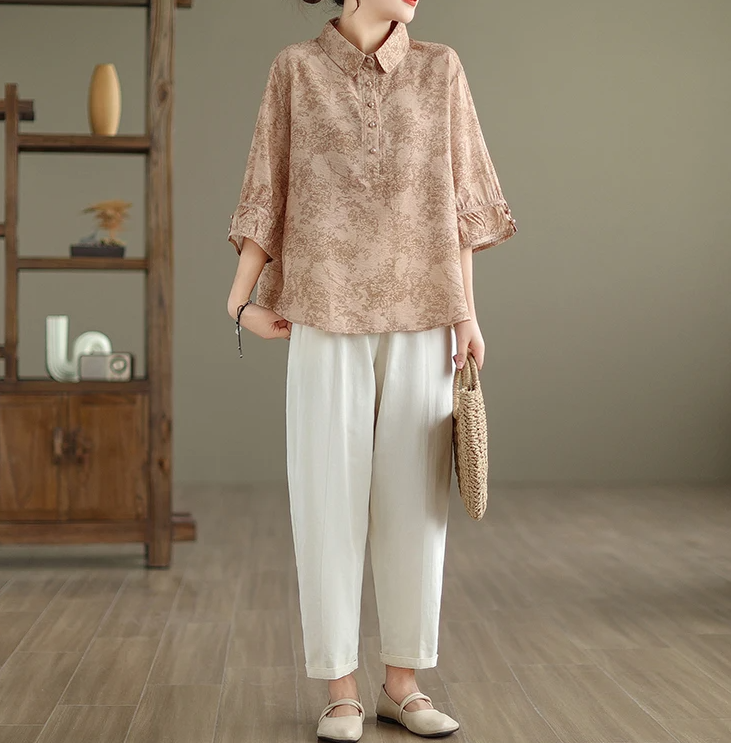 Vintage Print Casual 2 Piece Set Short Sleeve Loose T-shirt Tops Femme Harem Pants Suits