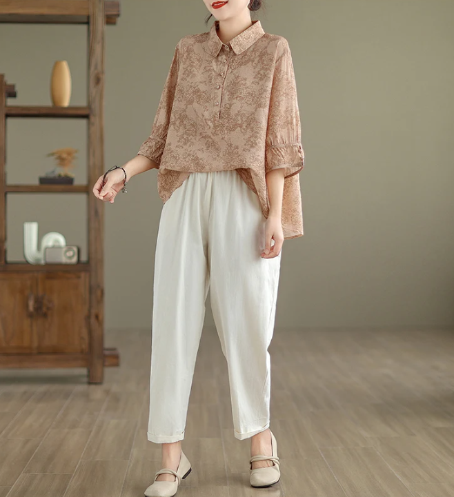 Vintage Print Casual 2 Piece Set Short Sleeve Loose T-shirt Tops Femme Harem Pants Suits