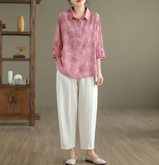 Vintage Print Casual 2 Piece Set Short Sleeve Loose T-shirt Tops Femme Harem Pants Suits