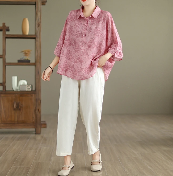 Vintage Print Casual 2 Piece Set Short Sleeve Loose T-shirt Tops Femme Harem Pants Suits