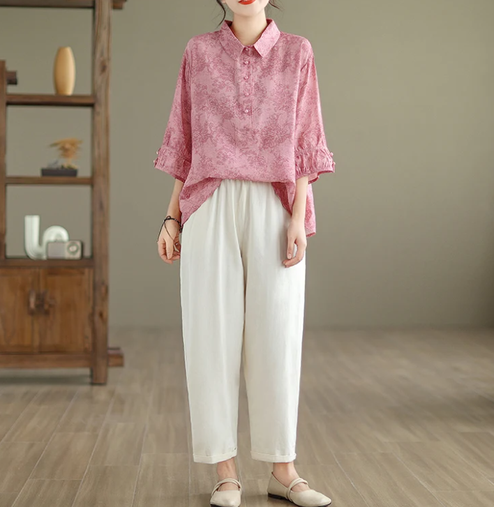 Vintage Print Casual 2 Piece Set Short Sleeve Loose T-shirt Tops Femme Harem Pants Suits