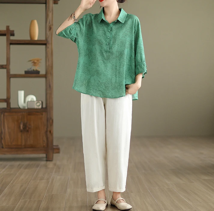 Vintage Print Casual 2 Piece Set Short Sleeve Loose T-shirt Tops Femme Harem Pants Suits