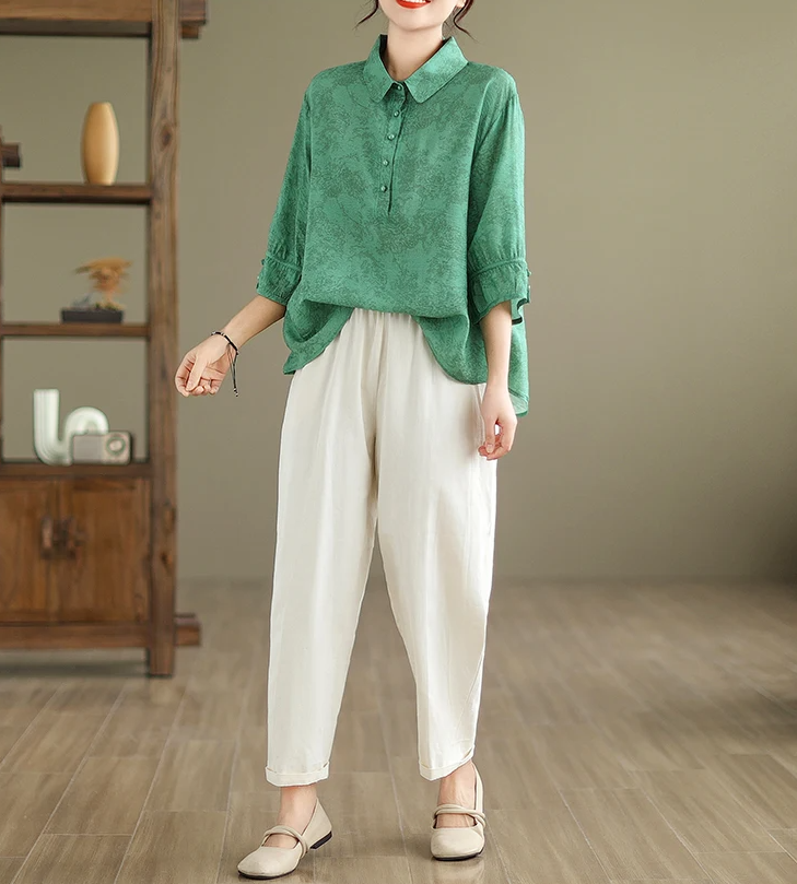Vintage Print Casual 2 Piece Set Short Sleeve Loose T-shirt Tops Femme Harem Pants Suits