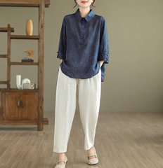 Vintage Print Casual 2 Piece Set Short Sleeve Loose T-shirt Tops Femme Harem Pants Suits