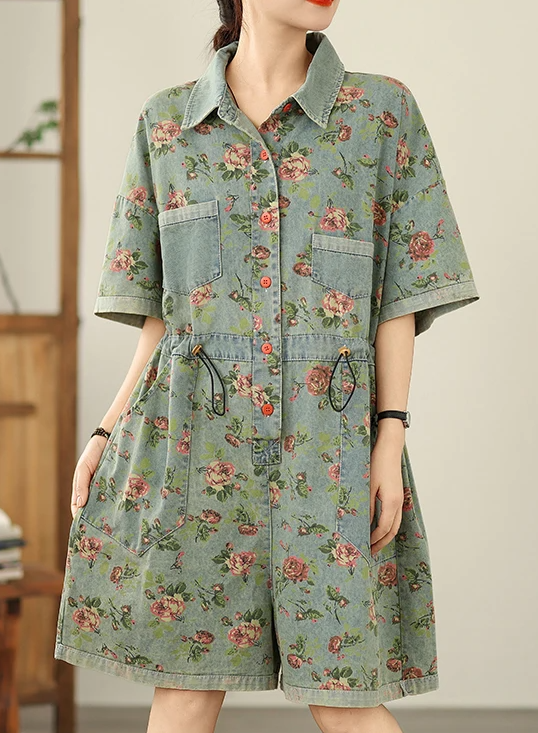 Vintage Print Denim Overalls Loose Plus Size Thin Jumpsuit