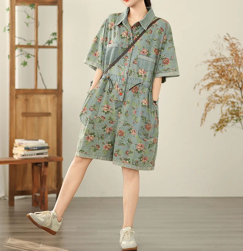 Vintage Print Denim Overalls Loose Plus Size Thin Jumpsuit