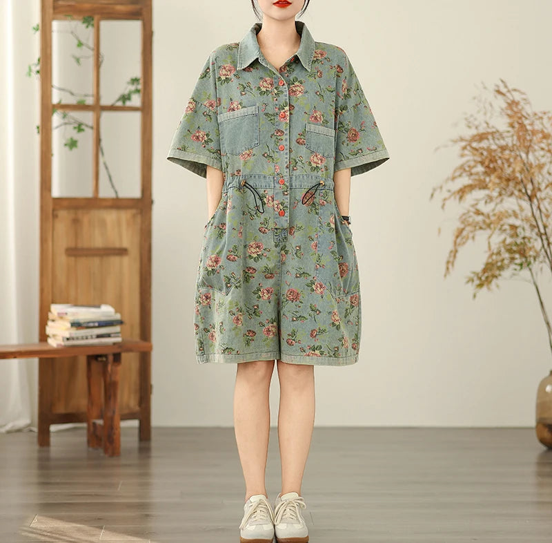 Vintage Print Denim Overalls Loose Plus Size Thin Jumpsuit