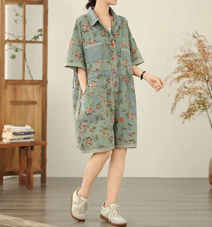 Vintage Print Denim Overalls Loose Plus Size Thin Jumpsuit
