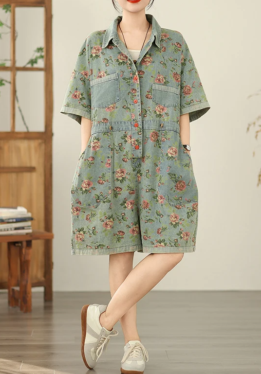 Vintage Print Denim Overalls Loose Plus Size Thin Jumpsuit