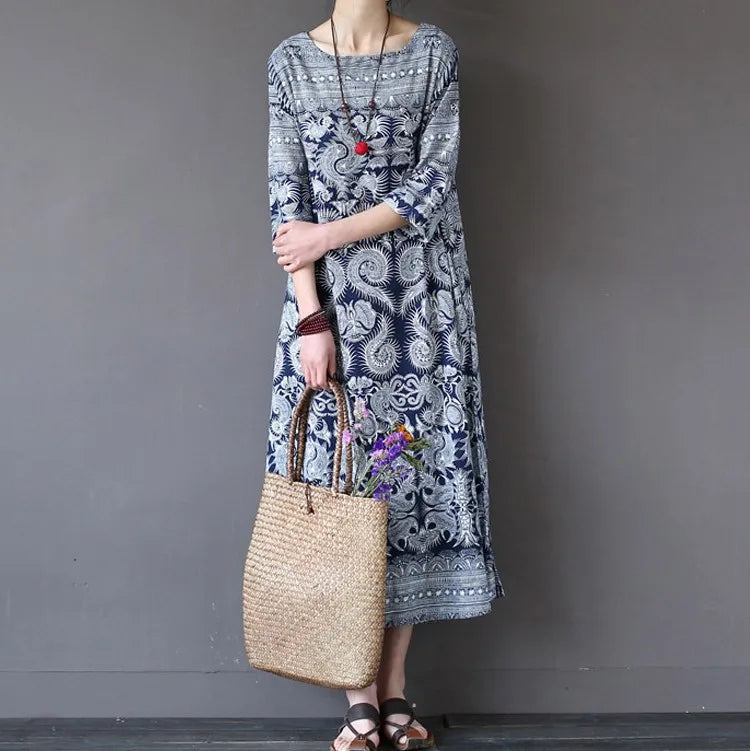 Vintage Print Literature and Art National Style Pottery Loose Casual Flower Dress
