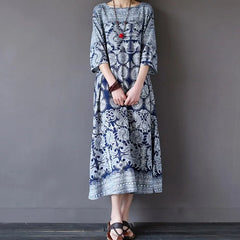 Vintage Print Literature and Art National Style Pottery Loose Casual Flower Dress