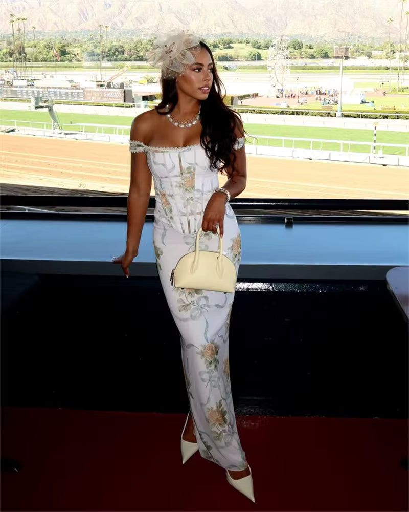 Vintage Print Off-shoulder Sleeveless A-LINE Backless Bodycon Club Maxi Dress