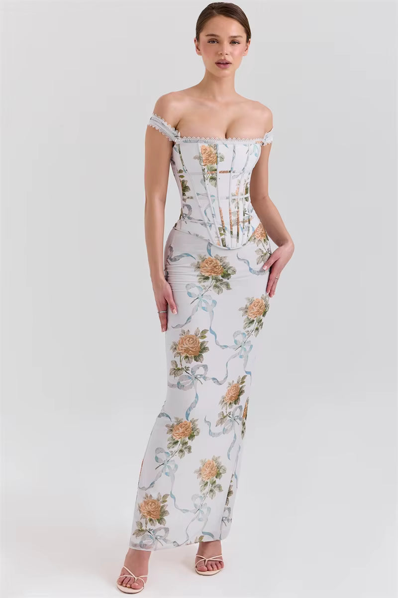Vintage Print Off-shoulder Sleeveless A-LINE Backless Bodycon Club Maxi Dress