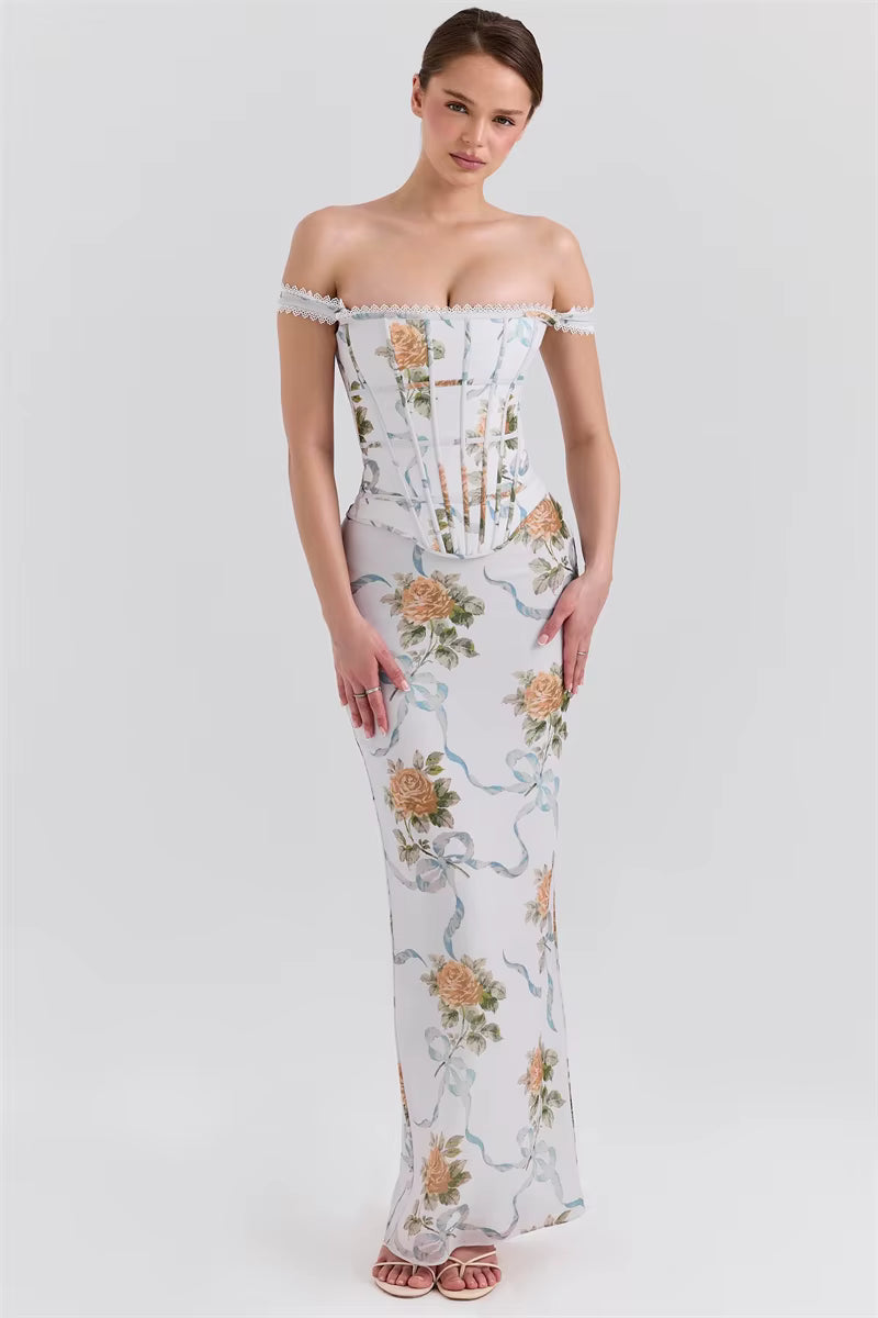 Vintage Print Off-shoulder Sleeveless A-LINE Backless Bodycon Club Maxi Dress