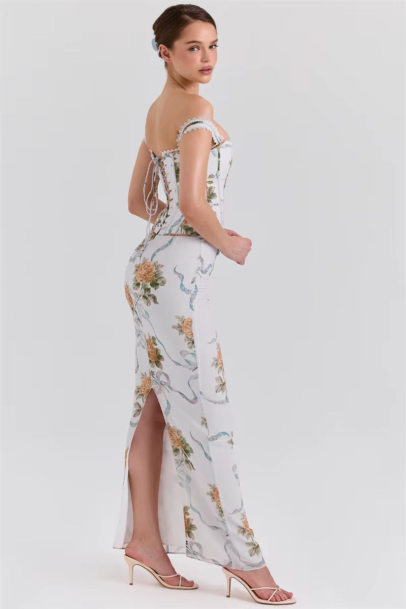 Vintage Print Off-shoulder Sleeveless A-LINE Backless Bodycon Club Maxi Dress