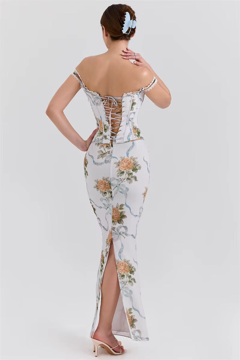 Vintage Print Off-shoulder Sleeveless A-LINE Backless Bodycon Club Maxi Dress