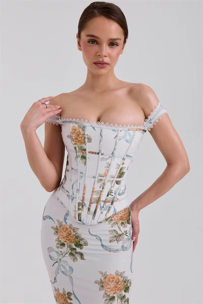 Vintage Print Off-shoulder Sleeveless A-LINE Backless Bodycon Club Maxi Dress