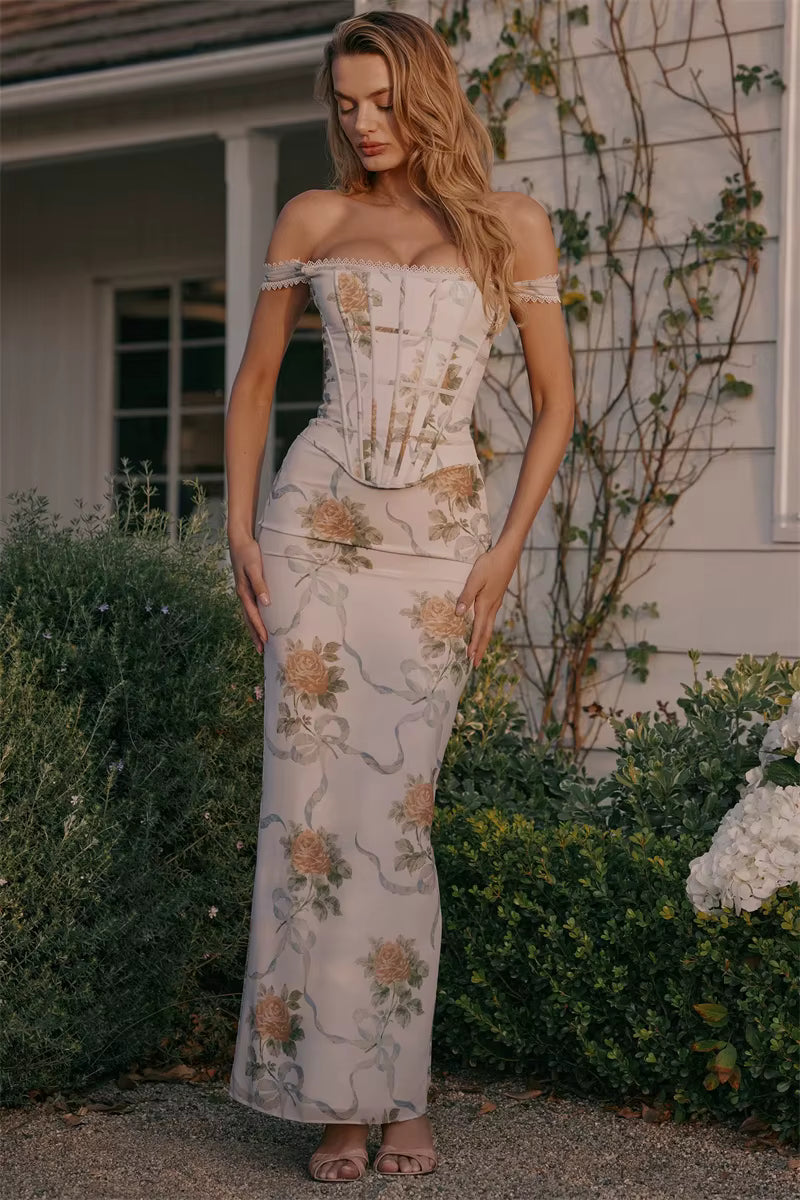 Vintage Print Off-shoulder Sleeveless A-LINE Backless Bodycon Club Maxi Dress