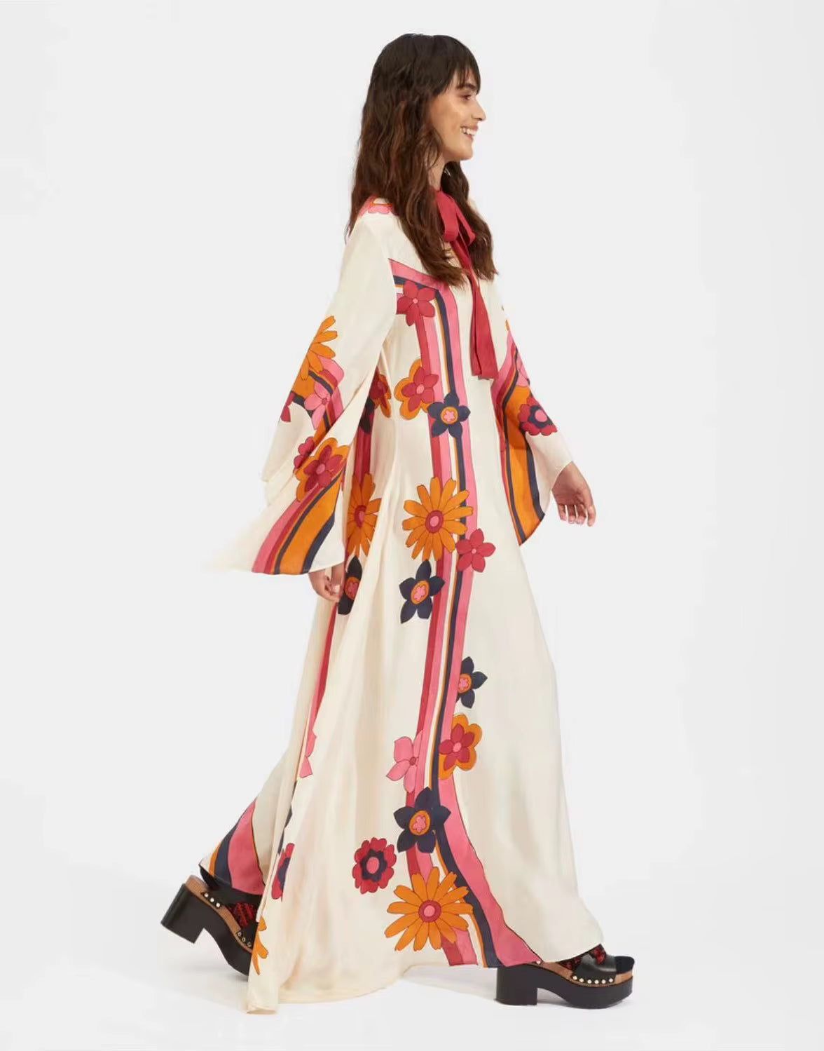 Vintage Print Stand Collar Lace-Up Irregular Sleeves Loose Maxi Dress