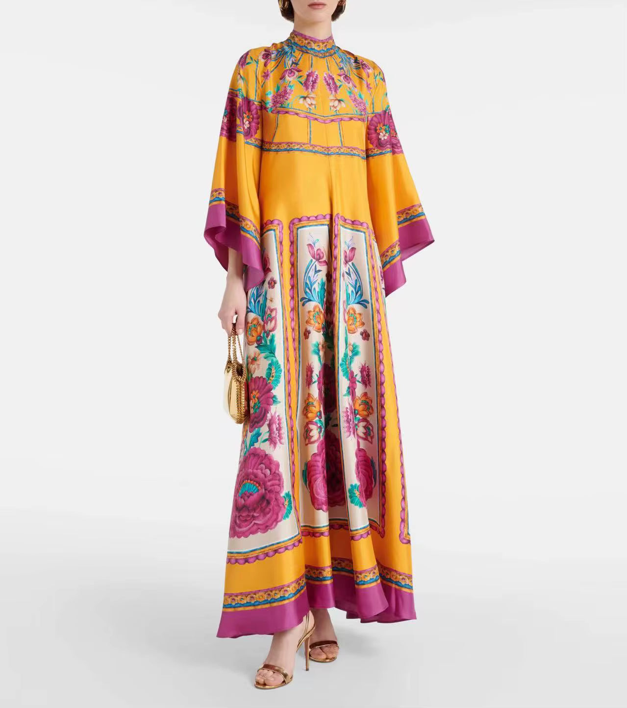 Vintage Print Stand Collar Lace-Up Irregular Sleeves Loose Maxi Dress
