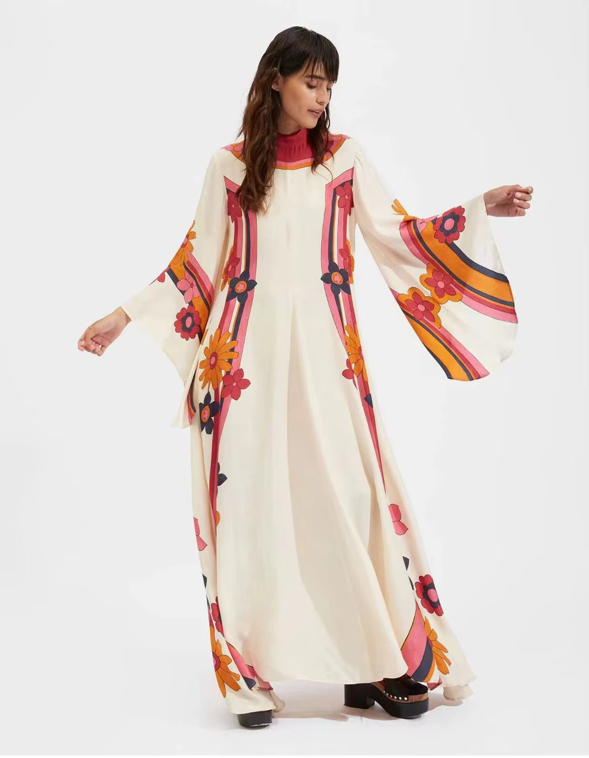 Vintage Print Stand Collar Lace-Up Irregular Sleeves Loose Maxi Dress