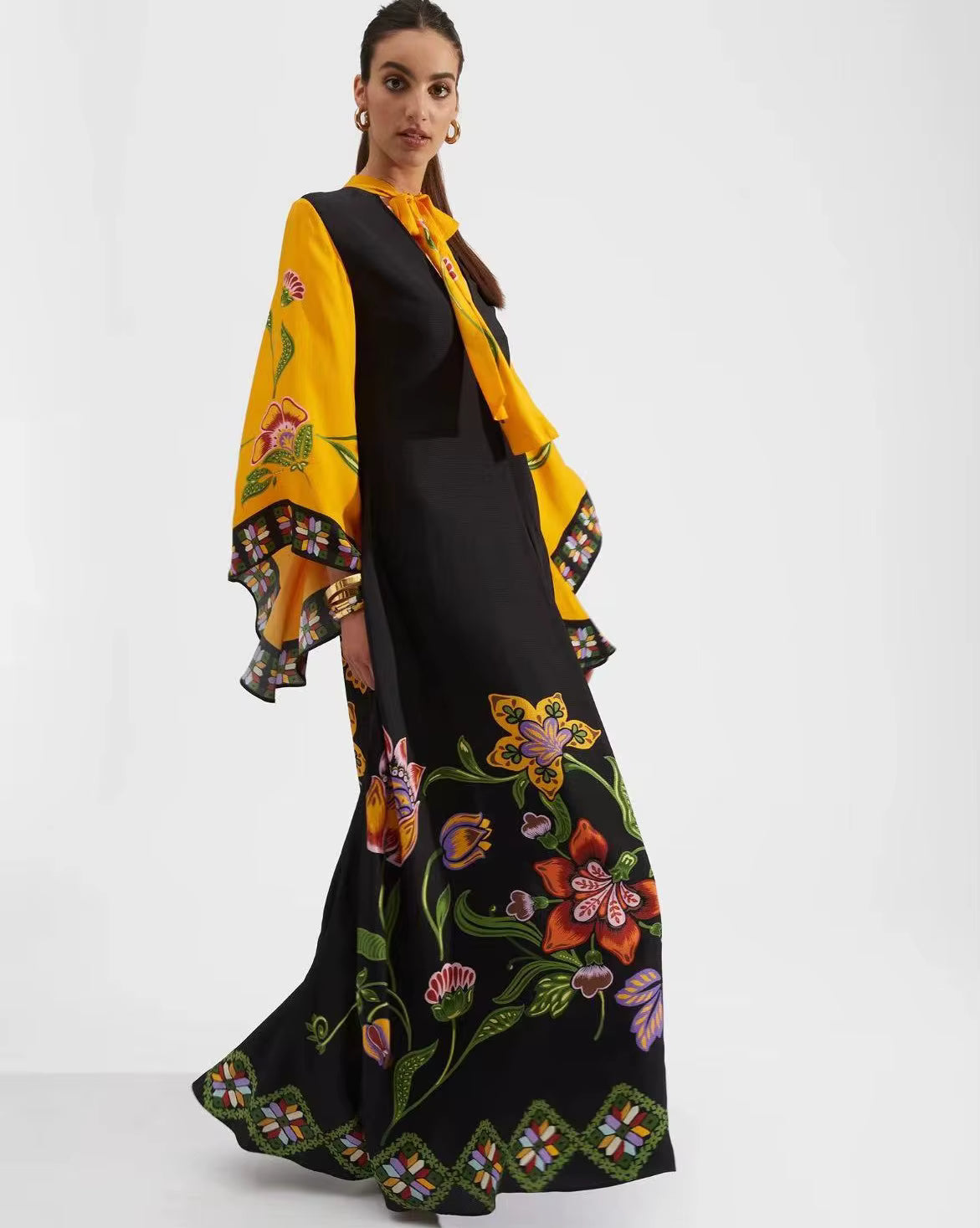 Vintage Print Stand Collar Lace-Up Irregular Sleeves Loose Maxi Dress